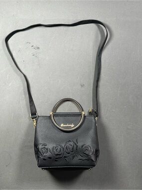 Danbaoly Black Floral Embossed Leather Crossbody and Handbag Gold Ring Handles